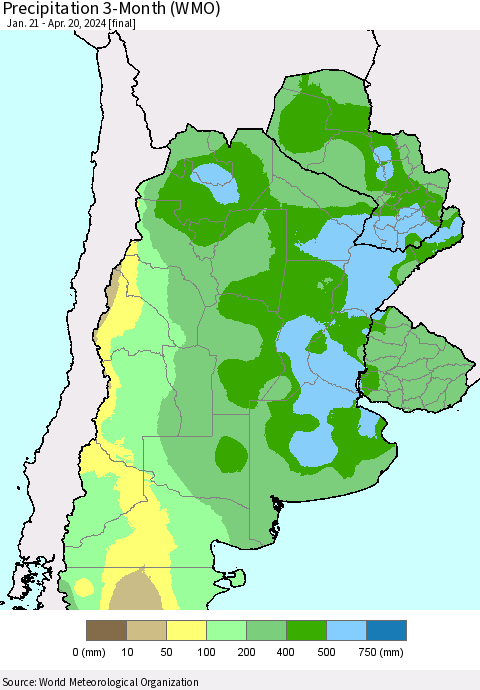 Southern South America Precipitation 3-Month (WMO) Thematic Map For 1/21/2024 - 4/20/2024