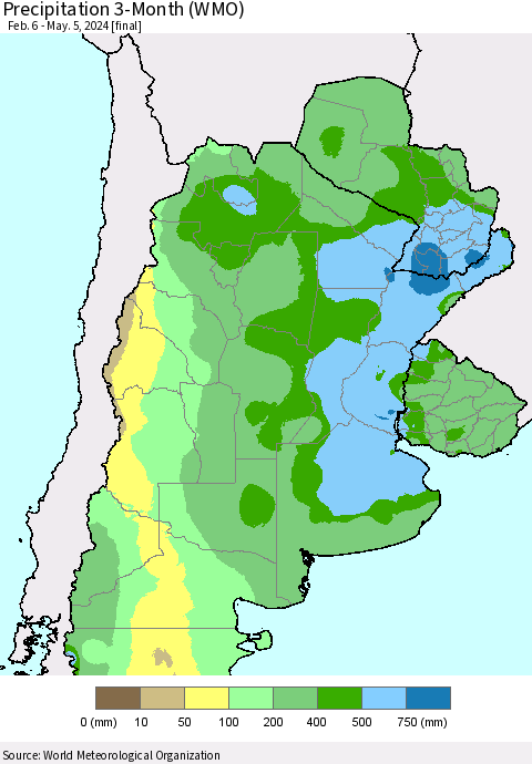 Southern South America Precipitation 3-Month (WMO) Thematic Map For 2/6/2024 - 5/5/2024