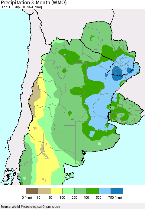 Southern South America Precipitation 3-Month (WMO) Thematic Map For 2/11/2024 - 5/10/2024