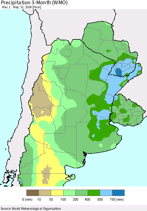 Southern South America Precipitation 3-Month (WMO) Thematic Map For 3/1/2024 - 5/31/2024