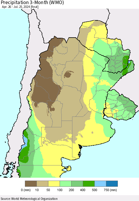 Southern South America Precipitation 3-Month (WMO) Thematic Map For 4/26/2024 - 7/25/2024