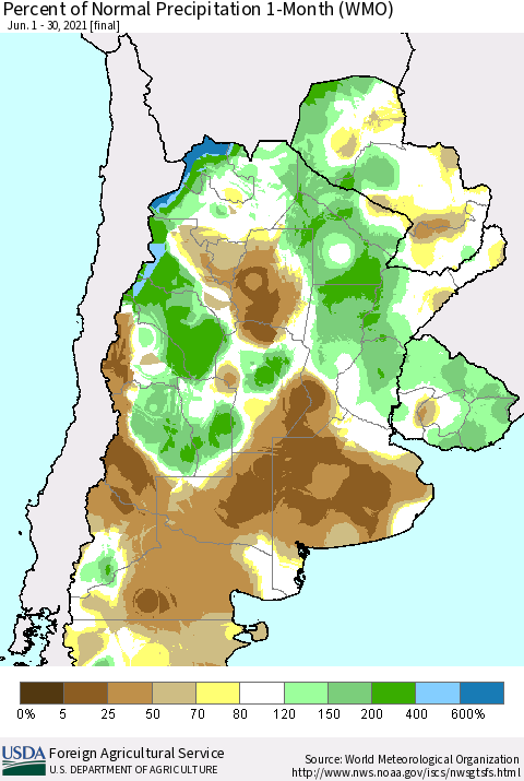 Southern South America Percent of Normal Precipitation 1-Month (WMO) Thematic Map For 6/1/2021 - 6/30/2021