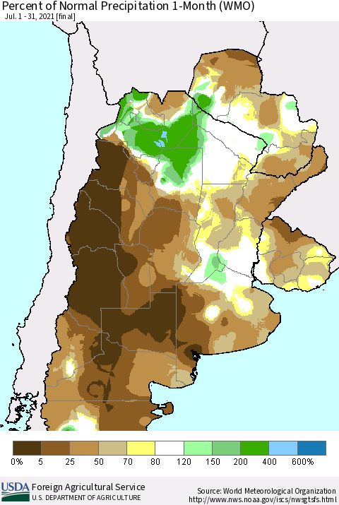 Southern South America Percent of Normal Precipitation 1-Month (WMO) Thematic Map For 7/1/2021 - 7/31/2021