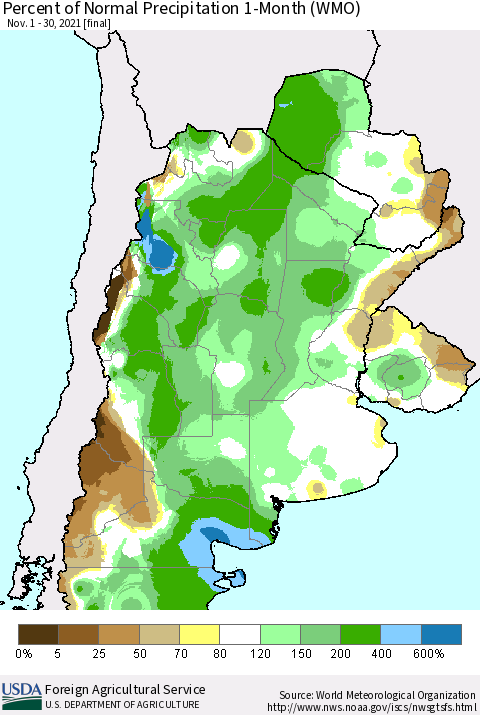 Southern South America Percent of Normal Precipitation 1-Month (WMO) Thematic Map For 11/1/2021 - 11/30/2021