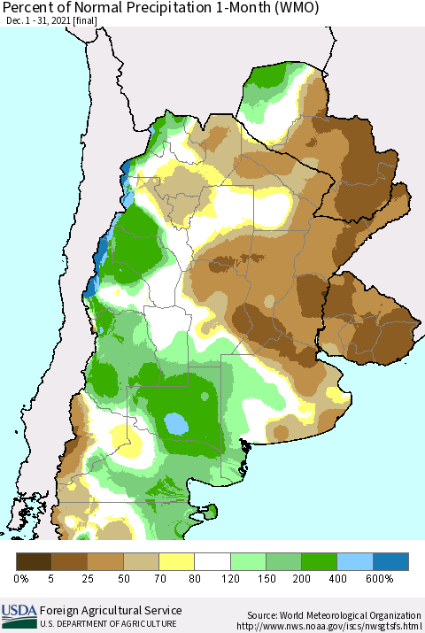 Southern South America Percent of Normal Precipitation 1-Month (WMO) Thematic Map For 12/1/2021 - 12/31/2021