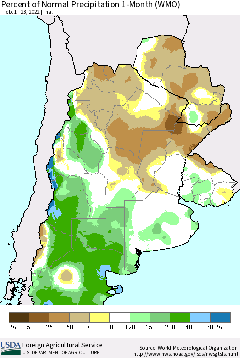 Southern South America Percent of Normal Precipitation 1-Month (WMO) Thematic Map For 2/1/2022 - 2/28/2022