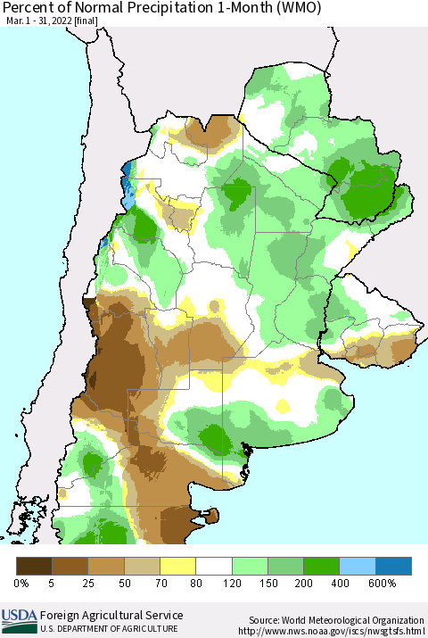 Southern South America Percent of Normal Precipitation 1-Month (WMO) Thematic Map For 3/1/2022 - 3/31/2022