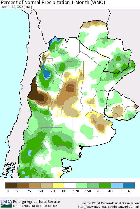 Southern South America Percent of Normal Precipitation 1-Month (WMO) Thematic Map For 4/1/2022 - 4/30/2022