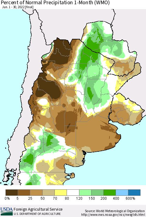 Southern South America Percent of Normal Precipitation 1-Month (WMO) Thematic Map For 6/1/2022 - 6/30/2022