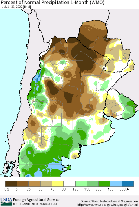 Southern South America Percent of Normal Precipitation 1-Month (WMO) Thematic Map For 7/1/2022 - 7/31/2022
