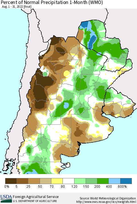 Southern South America Percent of Normal Precipitation 1-Month (WMO) Thematic Map For 8/1/2022 - 8/31/2022