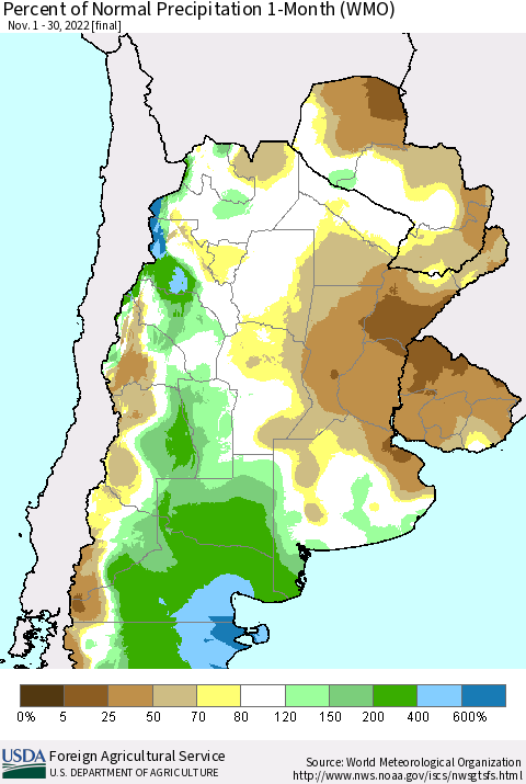 Southern South America Percent of Normal Precipitation 1-Month (WMO) Thematic Map For 11/1/2022 - 11/30/2022