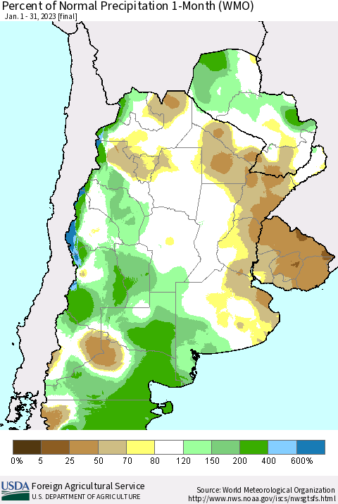 Southern South America Percent of Normal Precipitation 1-Month (WMO) Thematic Map For 1/1/2023 - 1/31/2023