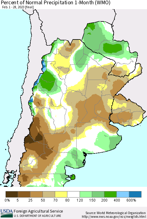 Southern South America Percent of Normal Precipitation 1-Month (WMO) Thematic Map For 2/1/2023 - 2/28/2023