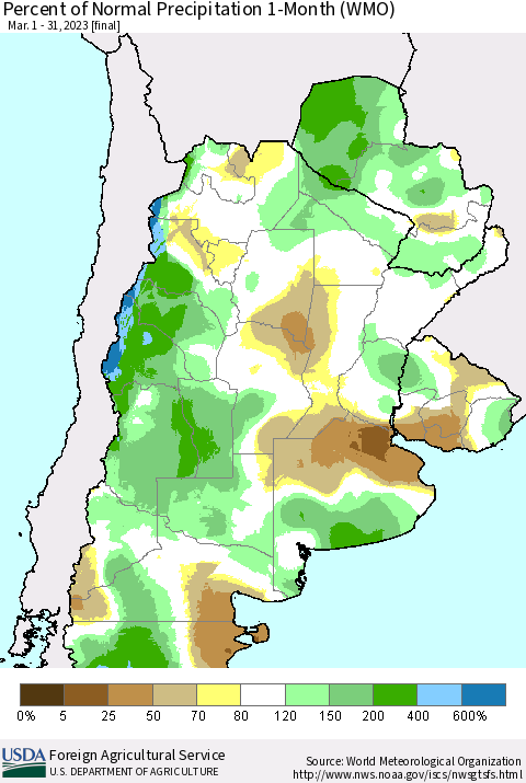 Southern South America Percent of Normal Precipitation 1-Month (WMO) Thematic Map For 3/1/2023 - 3/31/2023