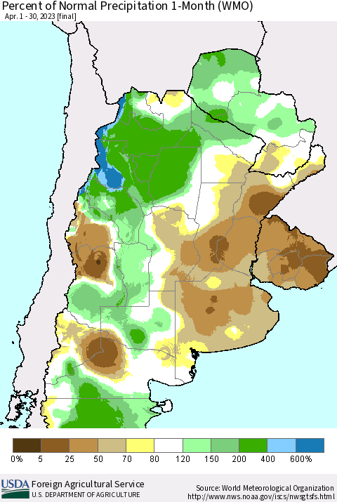 Southern South America Percent of Normal Precipitation 1-Month (WMO) Thematic Map For 4/1/2023 - 4/30/2023