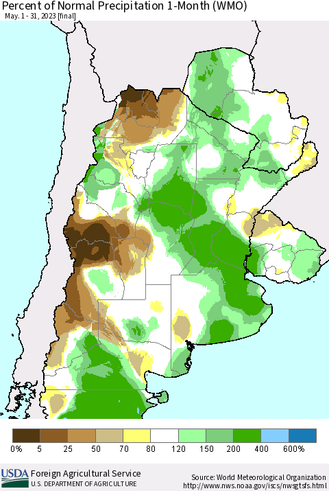 Southern South America Percent of Normal Precipitation 1-Month (WMO) Thematic Map For 5/1/2023 - 5/31/2023