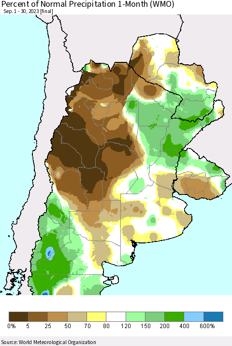 Southern South America Percent of Normal Precipitation 1-Month (WMO) Thematic Map For 9/1/2023 - 9/30/2023