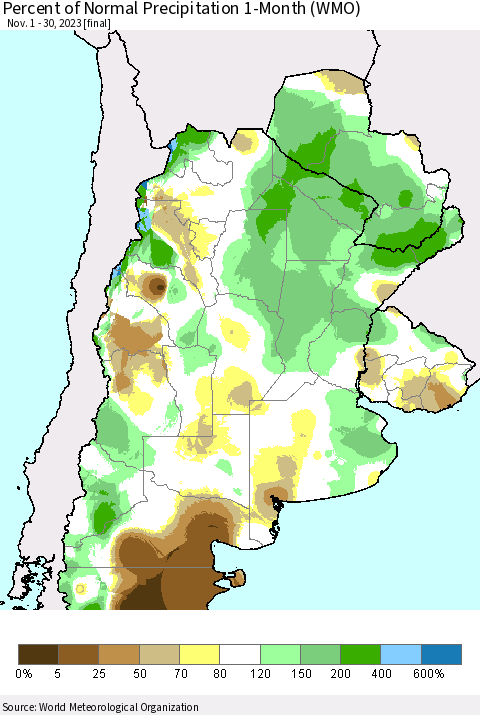 Southern South America Percent of Normal Precipitation 1-Month (WMO) Thematic Map For 11/1/2023 - 11/30/2023