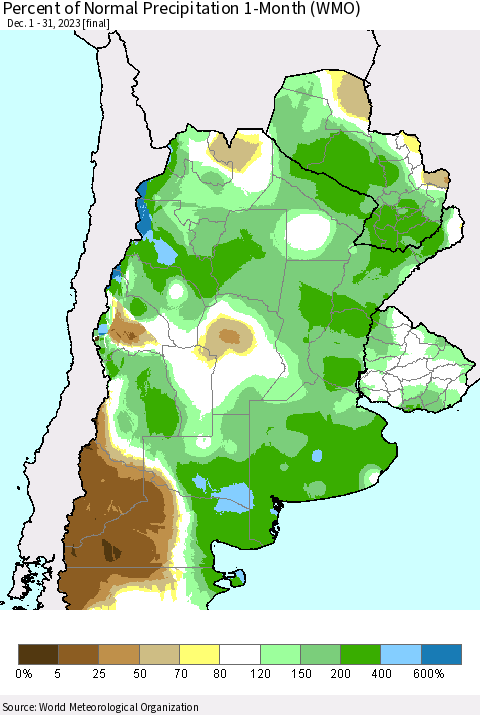 Southern South America Percent of Normal Precipitation 1-Month (WMO) Thematic Map For 12/1/2023 - 12/31/2023