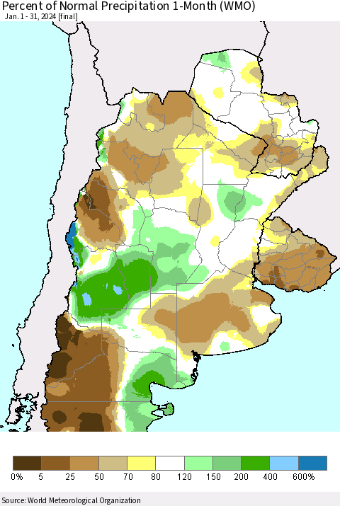 Southern South America Percent of Normal Precipitation 1-Month (WMO) Thematic Map For 1/1/2024 - 1/31/2024