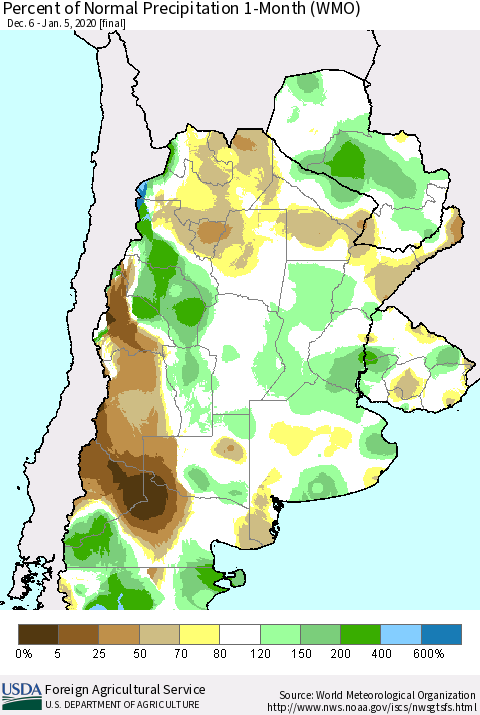 Southern South America Percent of Normal Precipitation 1-Month (WMO) Thematic Map For 12/6/2019 - 1/5/2020