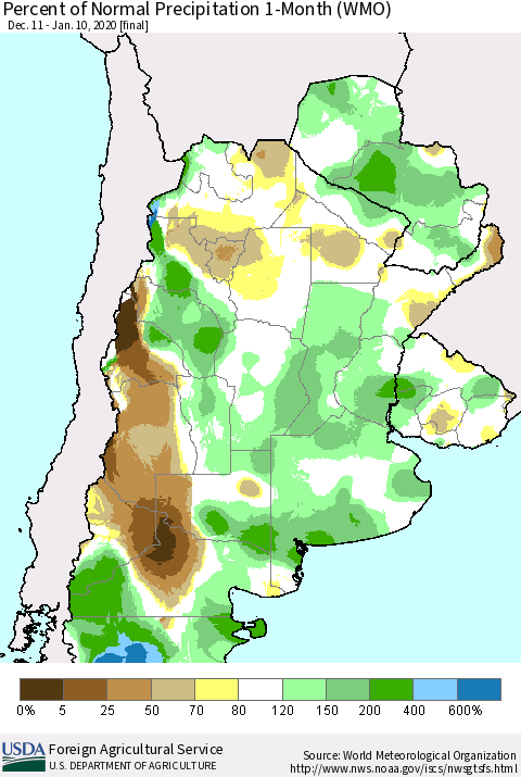 Southern South America Percent of Normal Precipitation 1-Month (WMO) Thematic Map For 12/11/2019 - 1/10/2020
