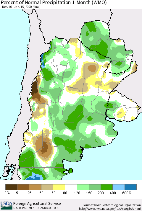Southern South America Percent of Normal Precipitation 1-Month (WMO) Thematic Map For 12/16/2019 - 1/15/2020