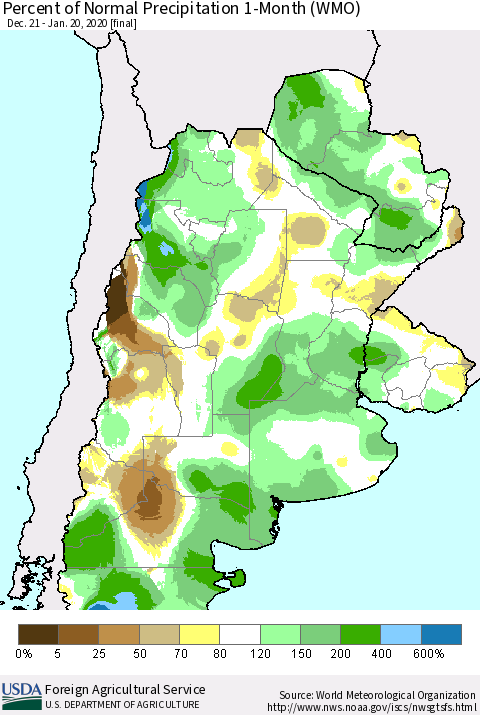 Southern South America Percent of Normal Precipitation 1-Month (WMO) Thematic Map For 12/21/2019 - 1/20/2020