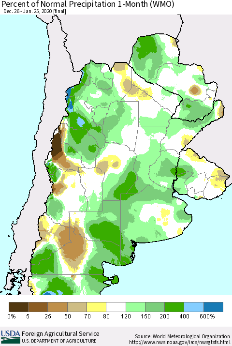 Southern South America Percent of Normal Precipitation 1-Month (WMO) Thematic Map For 12/26/2019 - 1/25/2020
