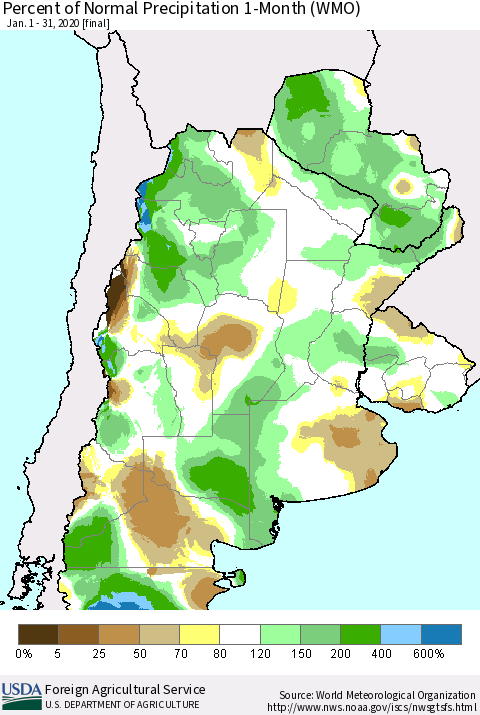 Southern South America Percent of Normal Precipitation 1-Month (WMO) Thematic Map For 1/1/2020 - 1/31/2020