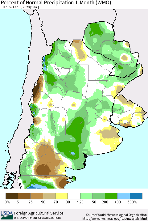Southern South America Percent of Normal Precipitation 1-Month (WMO) Thematic Map For 1/6/2020 - 2/5/2020