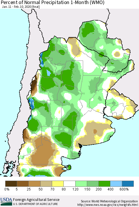 Southern South America Percent of Normal Precipitation 1-Month (WMO) Thematic Map For 1/11/2020 - 2/10/2020
