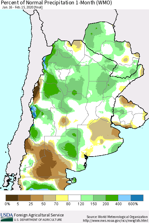 Southern South America Percent of Normal Precipitation 1-Month (WMO) Thematic Map For 1/16/2020 - 2/15/2020