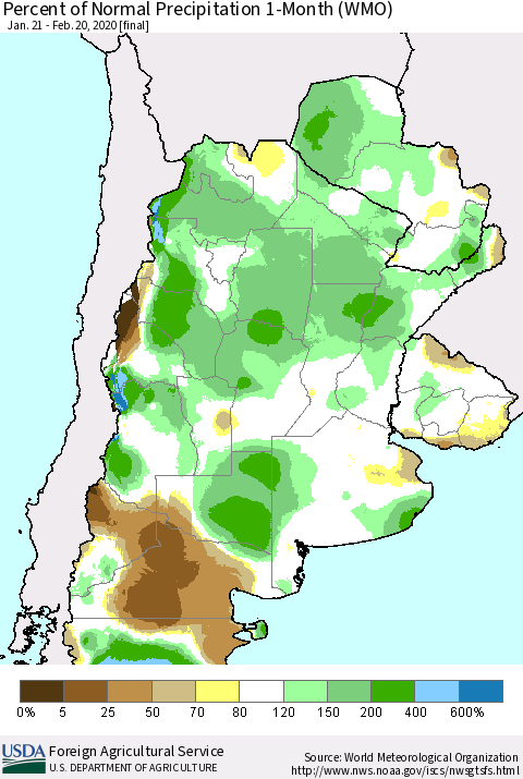 Southern South America Percent of Normal Precipitation 1-Month (WMO) Thematic Map For 1/21/2020 - 2/20/2020