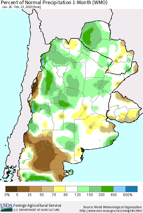 Southern South America Percent of Normal Precipitation 1-Month (WMO) Thematic Map For 1/26/2020 - 2/25/2020