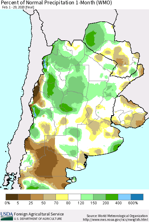 Southern South America Percent of Normal Precipitation 1-Month (WMO) Thematic Map For 2/1/2020 - 2/29/2020