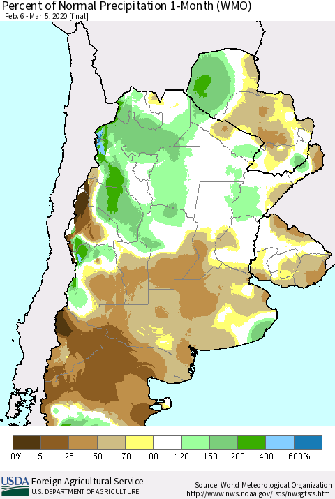 Southern South America Percent of Normal Precipitation 1-Month (WMO) Thematic Map For 2/6/2020 - 3/5/2020