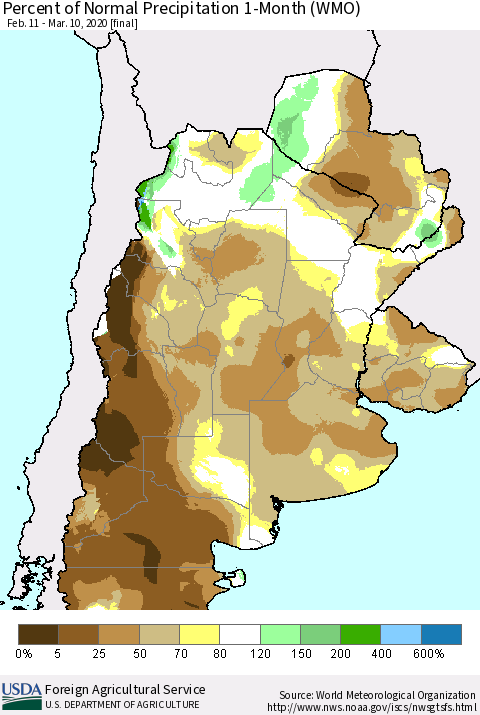 Southern South America Percent of Normal Precipitation 1-Month (WMO) Thematic Map For 2/11/2020 - 3/10/2020