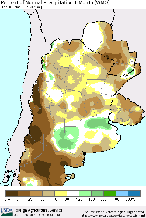 Southern South America Percent of Normal Precipitation 1-Month (WMO) Thematic Map For 2/16/2020 - 3/15/2020