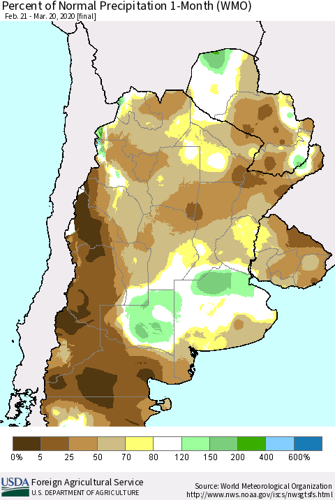 Southern South America Percent of Normal Precipitation 1-Month (WMO) Thematic Map For 2/21/2020 - 3/20/2020