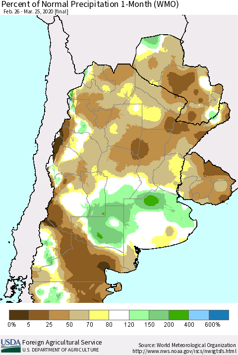 Southern South America Percent of Normal Precipitation 1-Month (WMO) Thematic Map For 2/26/2020 - 3/25/2020