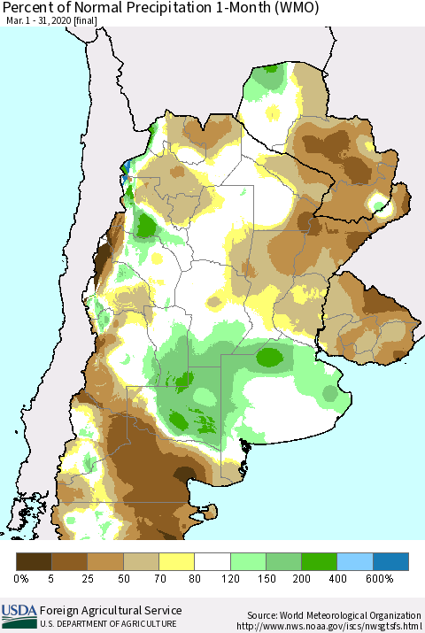 Southern South America Percent of Normal Precipitation 1-Month (WMO) Thematic Map For 3/1/2020 - 3/31/2020