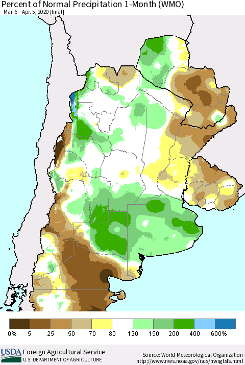 Southern South America Percent of Normal Precipitation 1-Month (WMO) Thematic Map For 3/6/2020 - 4/5/2020