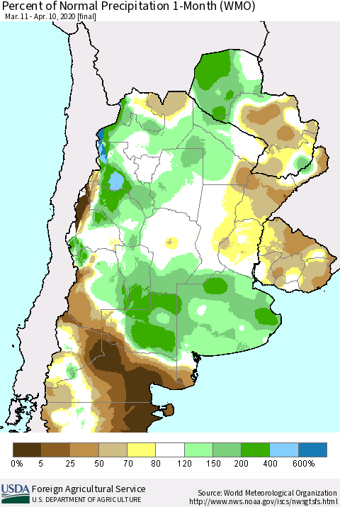 Southern South America Percent of Normal Precipitation 1-Month (WMO) Thematic Map For 3/11/2020 - 4/10/2020