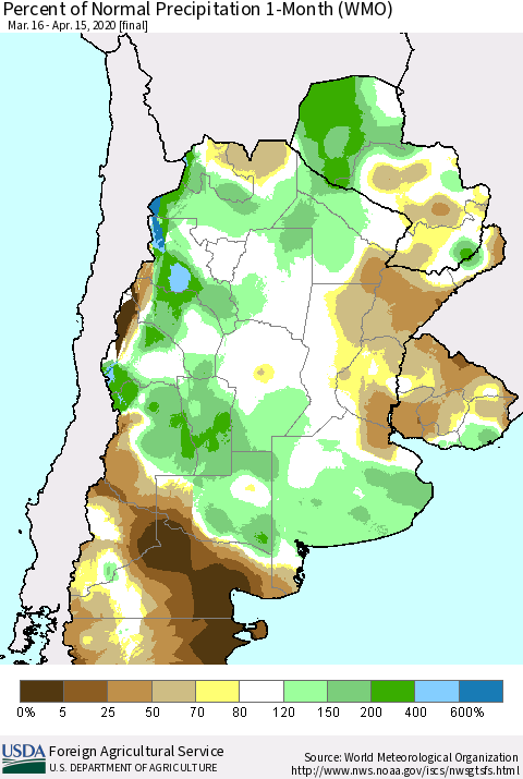 Southern South America Percent of Normal Precipitation 1-Month (WMO) Thematic Map For 3/16/2020 - 4/15/2020
