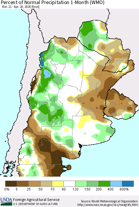 Southern South America Percent of Normal Precipitation 1-Month (WMO) Thematic Map For 3/21/2020 - 4/20/2020