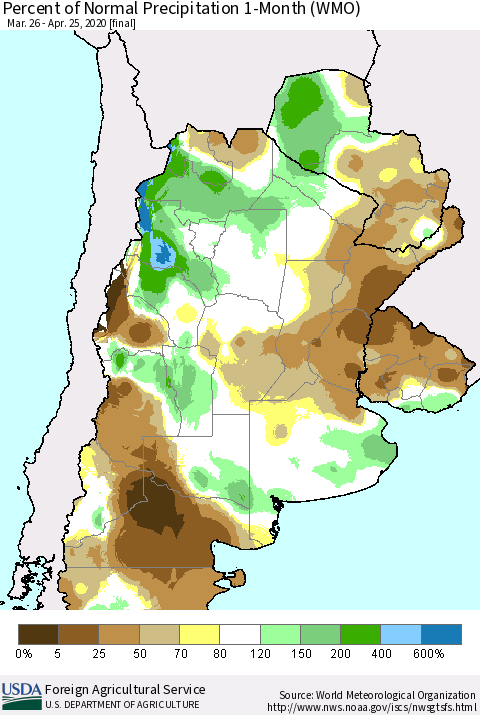 Southern South America Percent of Normal Precipitation 1-Month (WMO) Thematic Map For 3/26/2020 - 4/25/2020