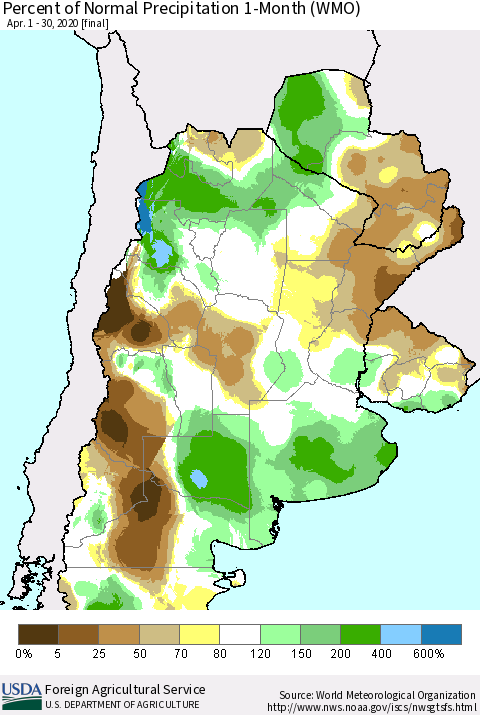 Southern South America Percent of Normal Precipitation 1-Month (WMO) Thematic Map For 4/1/2020 - 4/30/2020