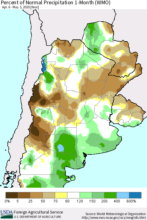 Southern South America Percent of Normal Precipitation 1-Month (WMO) Thematic Map For 4/6/2020 - 5/5/2020